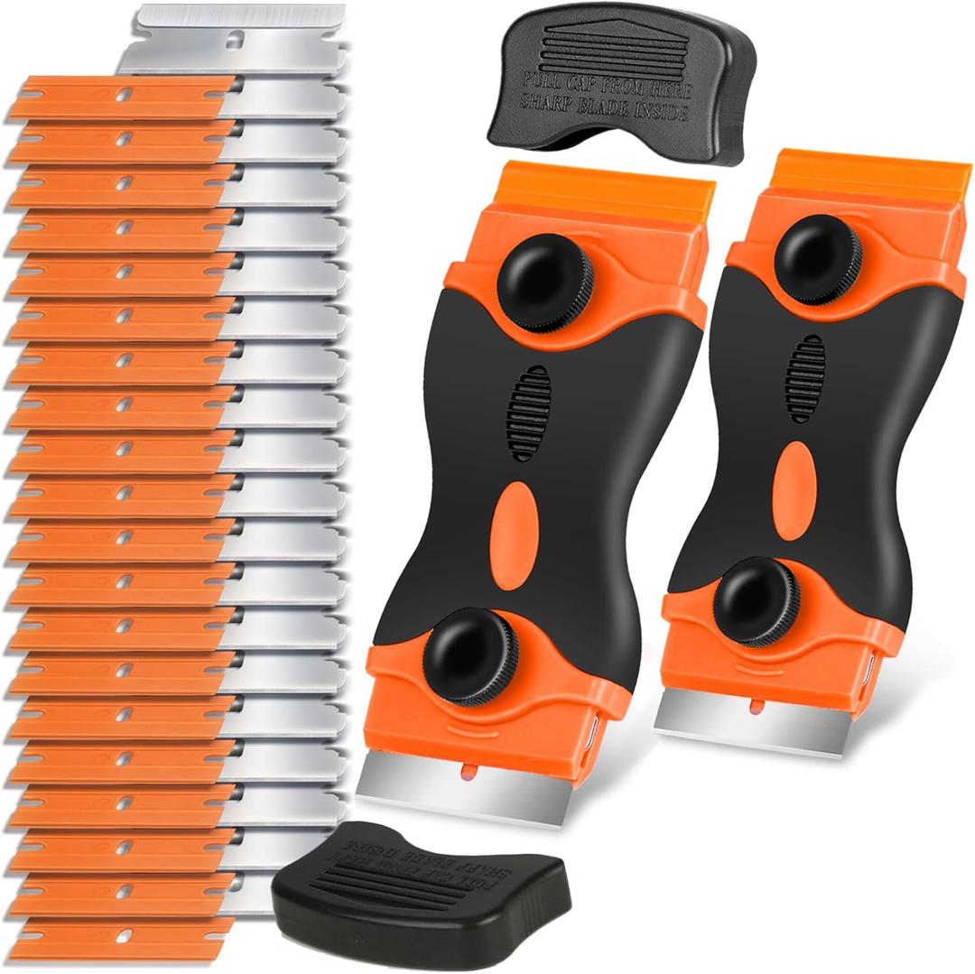 Razor Blade Scraper Tool - Razor Scraper with 40 Metal & Plastic Blades, Sticker Cleaning Remover for Paint, Decal, Adhesive, Label & Caulk, Glass Scraper for Window, Cooktop, Oven & Stove Top (Orange)