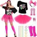 LILLIWEEN 80s Costumes for Women,T-Shirt Headband Tutu Skirt Earrings Necklace Bracelets Fishnet Gloves Legwarmers Outfits, Size: M