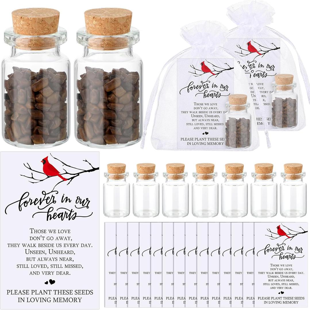 Tanlade 100 Sets Funeral Favors Include Funeral Prayer Card Celebration of Life Card Seed Bag Glass Bottle with Cork Organza Bag for Veterans Memorial Loss of Loved One, No Seed(Cardinal)
