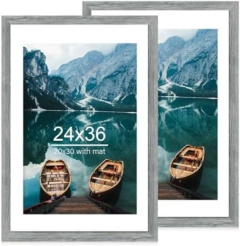 Hongkee 24x36 Poster Frame Set of 2, Rustic Grey Wood Style - Display 24 x 36 Poster without Mat or 20x30 Picture with Mat, Wall Mounting Horizontal and Vertical