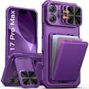SSLOTSCASE for iPhone 17 Pro Max Case with 2X Screen Protector, HD Clarity AntiScratch, Card Holder & Sliding Lens Cover & Kickstand, Heavy Duty Protection Case for iPhone 17 Pro Max, Dark Purple