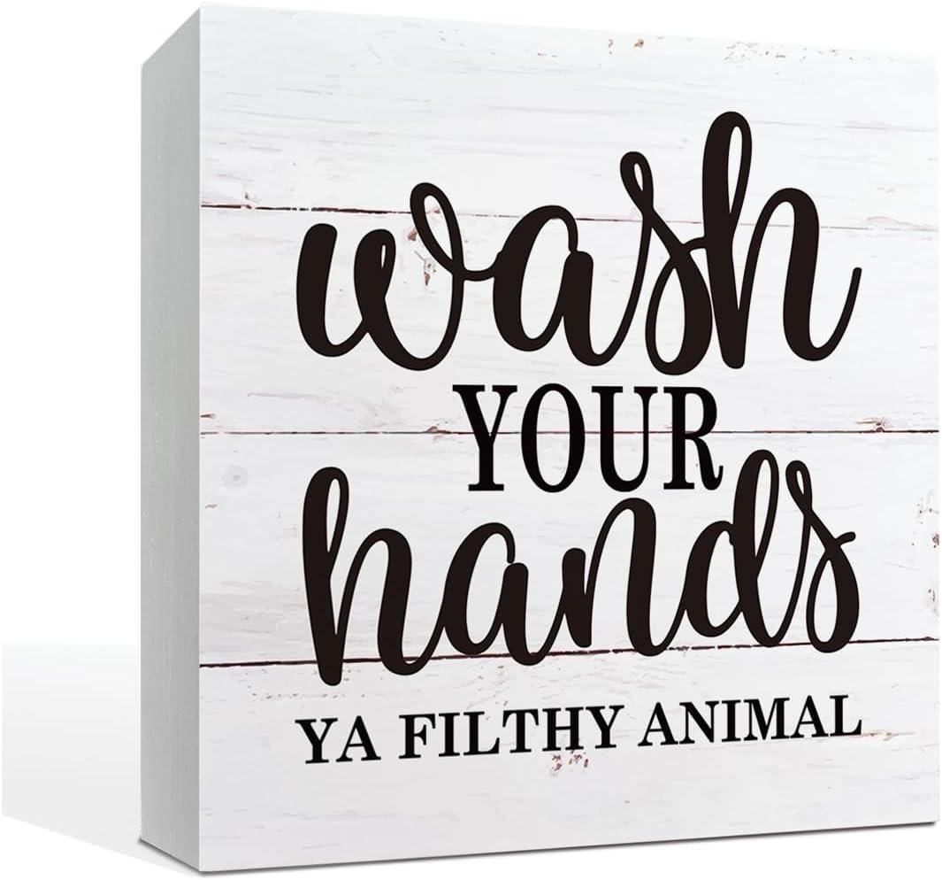 Bathroom Decor Sign - Wash Your Hands You Filthy Animal, Box Sign Tabletop Decor, Washroom Table Art, Kids Restroom Decor, White Box Sign Decor, Home Bathroom Decoration 5x5inch (Style 22)