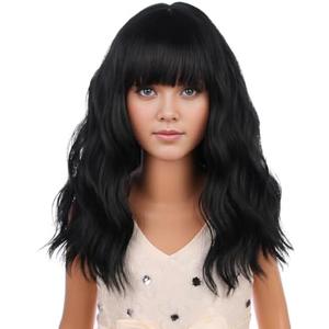 PATTNIUM Black Kids Child Wig Shoulder Length Black Wavy Wigs with Bangs for Gilrs Heat Resistant Synthetic Girls Wig Daily Wear Wigs