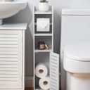 AOJEZOR Toilet Paper Holder Stand: No Drill PVC Small Bathroom Cabinet for Apartment Dwellers - Rental Deposit Protection - Small Space Storage Saving