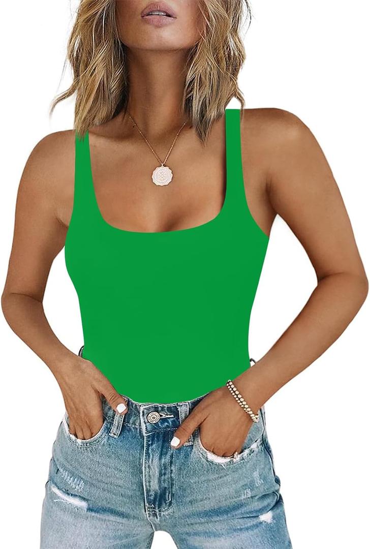 Chunpin Women's Sleeveless Square Neck Tank Bodysuit Outfits Tops Thong Body Suits for Going Out (Large, Green)