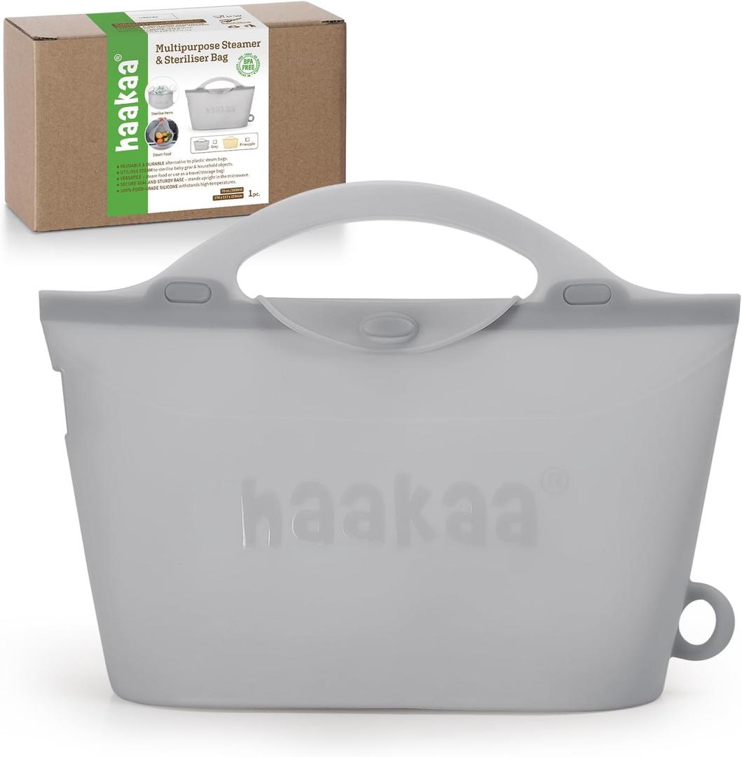 Haakaa Silicone Microwave Steamer & Steriliser Bag, 70oz/2000ml Large Capacity Reusable Steaming Bags for Baby Bottles,Breast Pump,Accessories,Pacifiers,Teethers,Great for Home and On-The-Go,Grey/1PC