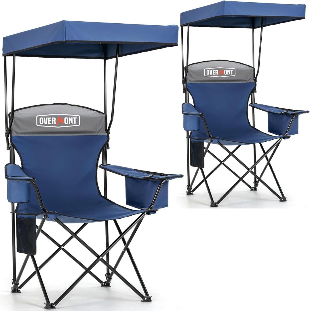 Overmont 2PCS Camping Chair with Canopy Shade Cooler Bag - Oversized Folding Beach Chair with High Back Support Big Cup Holder - Portable Lawn Chair for Outdoor Travel Sports Fishing - Support 330lbs