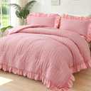 Pink Ruffle Bedding Set 5 Pieces Full Size Seersucker Comforter Set Ruffled Bed in A Bag Vintage Shabby Chic Bedding Comforter Sets for Women Girls(Pink, Full)