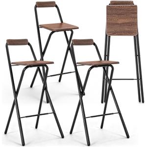 4 Pcs Folding Bar Stool with Backrest 29.5 Inch Portable Tall Foldable Stool Chair Metal High Folding Bar Chair Wooden Seat for Bars, Kitchen, Outdoor Shop, Parties, Cafes Walnut Color