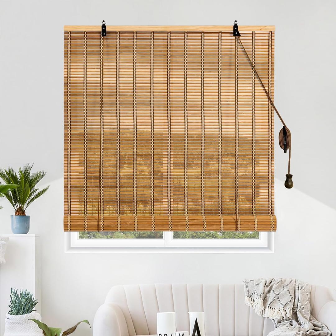 Bamboo Roman Shades Blinds for Windows - Natural Light Filtering Privacy Shades, Handwoven Indoor Window Coverings Easy to Install 24W x 72L (Wood)