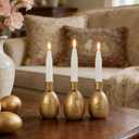 DN DECONATION Easter Candle Holders Set, 3PCS Gold Egg Candle Stick Holders Easter Decorations for Taper Candles Sticks, Resin & Metal Candlestick Holder Farmhouse Table Mantel Vintage Egg Decor