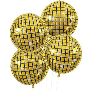 Disco Ball Balloons 4PC,Foil Disco Balloons 22 Inch 4D Round Metallic Gold Balloon for 70s 80s Birthday Bachelorette Graduation Gold Decorations