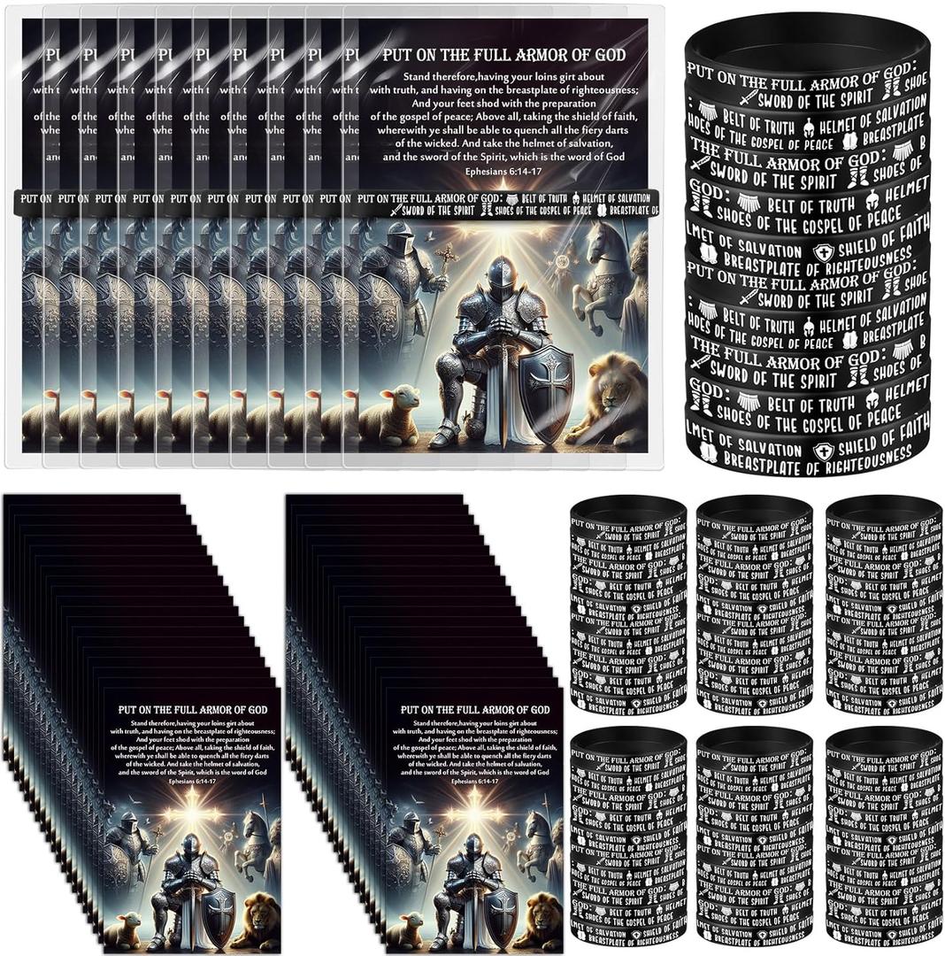 Wavwavw 60 Sets Put on The Full Armor of God Gifts Bulk Christian Pastor Bible Verse Wristband Bracelets Bookmarks Templar Knight Religious Supplies for Sunday School (Black)