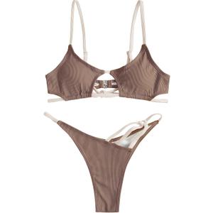 ZAFUL Women's Sexy Cutout Bikini Thong Bikini Set Tie Back Two Piece Swimsuit Bathing Suit (Medium, 2-coffee) 6