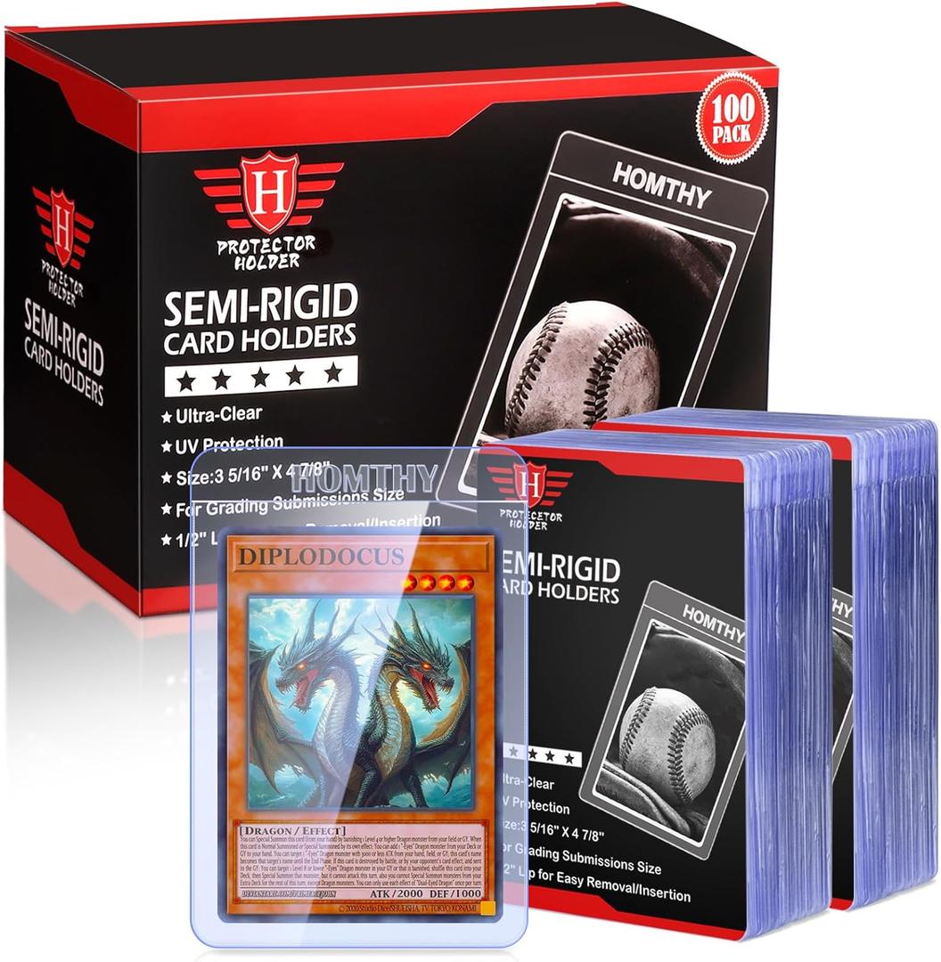 100ct Semi Rigid Card Holders for Trading Cards, Card Sleeves with 1/2" Lip Baseball Card Protector for PSA, BGS, CSG Graded Card Submissions for Standard Card Collection and Display