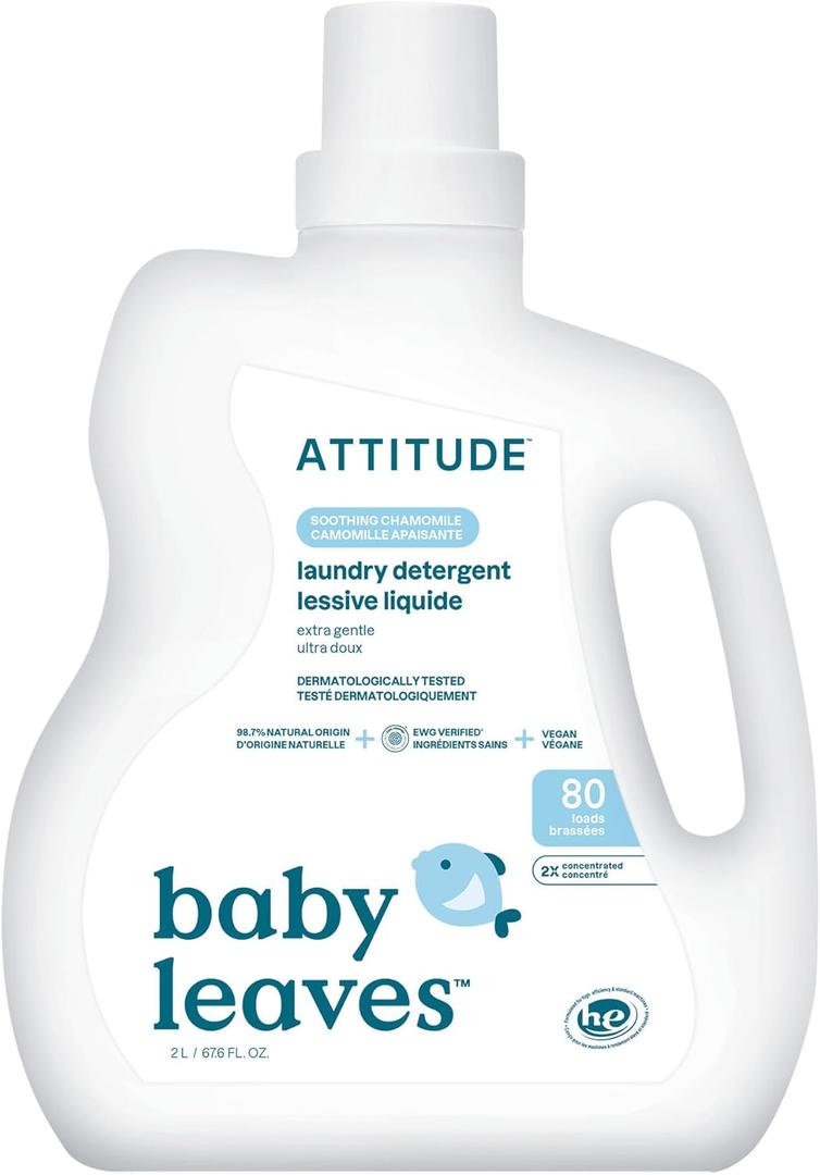 ATTITUDE Baby Laundry Detergent Liquid, EWG Verified, Safe for Baby Clothes, Infant and Newborn, Naturally Derived, HE Compatible, Soothing Chamomile, 80 Loads, 67.6 Fl Oz
