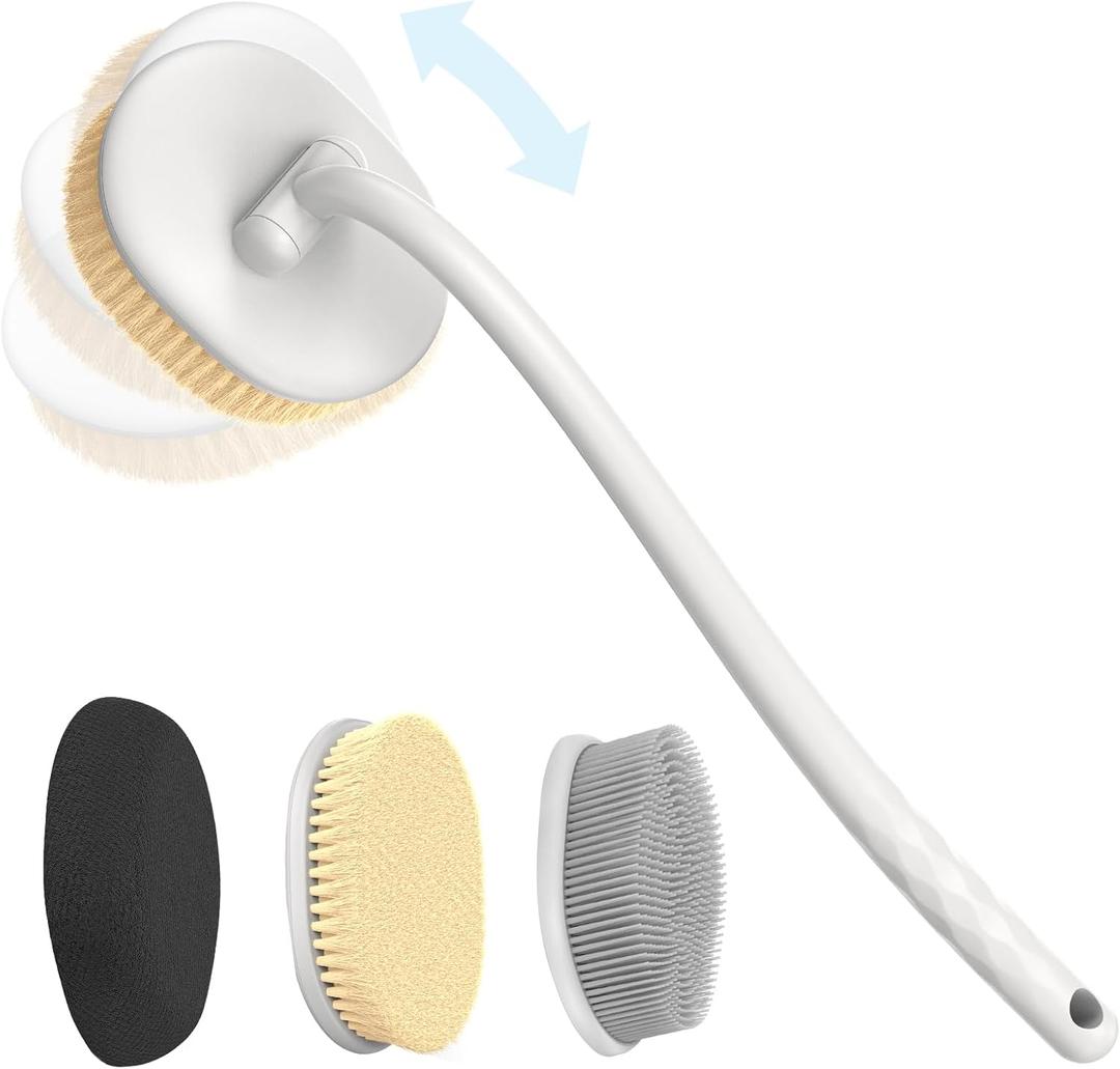 3-in-1 Flexible Up-Down Back Scrubber for Shower for Men & Women, 3 Detachable Back Brush Heads (Silicone/Sponge/Bristle), Ergonomic Long Handle Body Scrubber for Body Cleaning & Exfoliation (White)