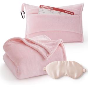 Bedsure Travel Blanket Airplane Compact with Storage Bag, Packable Blanket with Eye Mask, Lightweight 2-in-1 Travel Essentials, Functioned as Pillow for Airplane Comfort and Warmth, Pink (Throw)