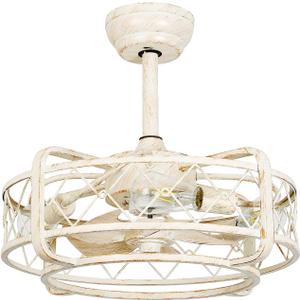 Caged Ceiling Fan with Light Flush Mount Fandelier with Light and Remote Reversible 6 Speeds Motor Dia.20 Low Profile Enclosed Ceiling Fan, White