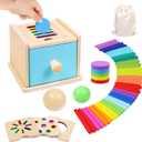 Montessori Toys for 1 2 3 Year Old, 4-in-1 Wooden Montessori Coin Box, Object Permanence Ball Drop Learning Color Sorting Toys for Toddlers 1-3, Gifts for 18 Months Baby Boys Girls
