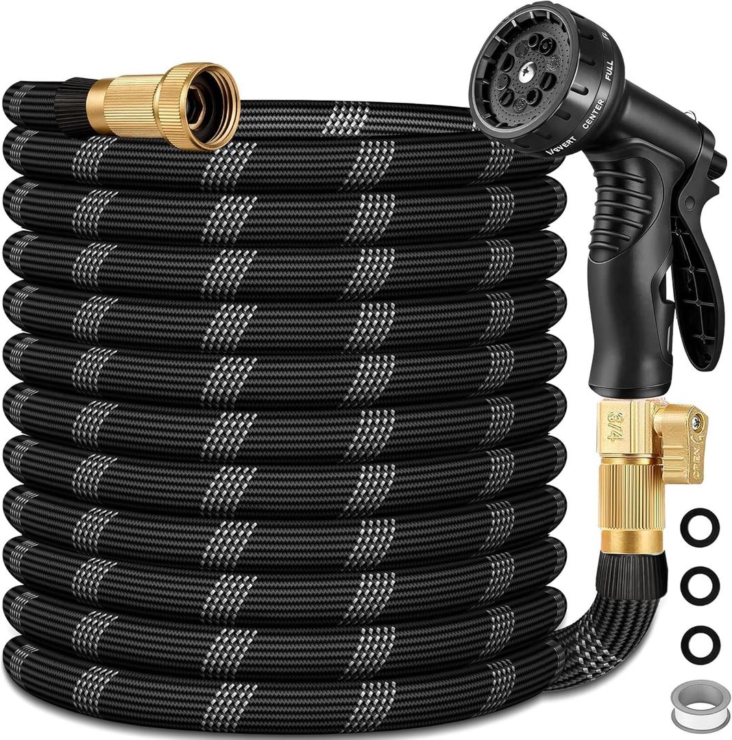 100 FT Non-Expandable Garden Hose, Lightweight Hose with 10 Function Spray Nozzle, Kink-Free Flexible Water Hose, Leak-Proof, 3/4'' Solid Connectors Garden Hose,Ultra Durable Garden Hoses