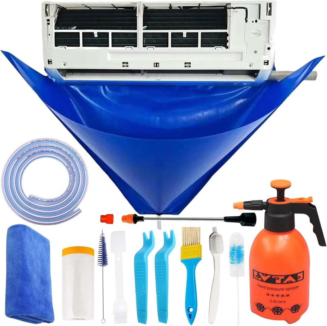 Oiktylr Mini Split Cleaning Kit Bag with 2L High Pressure Sprayer, Air Conditioner Cleaning Kit with Waterproof PVC AC Cleaning Cover Bib with 10pcs HVAC Cleaning Tools, Small