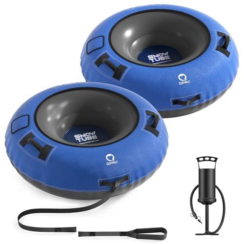 QPAU Snow Tube with Premium Canvas Cover 2 Pack for Kids and Adults, 48'' Inflatable Heavy Duty Snow Tube Made by Thickened Bottom, Sled Winter Outdoor Fun Toys for Children Boys Girls (Blue & Blue)