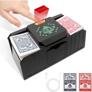 2 Deck Automatic Card Shuffler (Includes Cards) with One Touch - Low Noise USB/Battery-Powered Electric Shuffler for Poker, Blackjack, UNO, Casino Games, Home Use