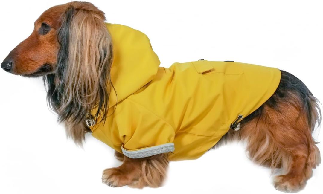 DJANGO Highland Dog Jacket & Raincoat  Water-Repellent, Lined Dog Coat with Hood, Adjustable Fit & Harness Hole  Lightweight Rain & Wind Jacket for Small & Medium Dogs up to 30 lbs (Yellow, Medium)