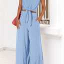 PRETTYGARDEN Women's Summer 2 Piece Outfits 2026 Cap Sleeve V Neck Belted Crop Tops Wide Leg Pant Sets Casual Tracksuit (Blue, M)