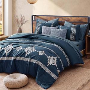 MAIREVE Embroidery Queen Size Comforter Set Navy Blue, Boho Farmhouse Western Bedding Set 7 Pieces, All Season Bed in A Bag Comforter Set with Sheets, Pillowcases & Shams