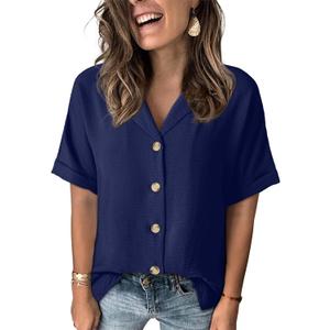Dokotoo Women's Dressy Casual V Neck Short Sleeve Button Down Shirts Relaxed Work Business Loose Blouses Tops (Blue) L