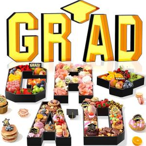 Grad Charcuterie Letters Fillable, 13.78'' Gold Black Grad Cardboard for Charcuterie, Graduation Letter Tray with Doctoral Cap for Chocolate Flowers Cupcakes Box, Class of 2026 Graduation Decoration