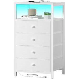 BOLUO Tall Night Stand with Drawers, White Nightstand with Charging Station and LED Light, Small White 4 Drawer Dresser for Bedroom, Room Storage Closet, 11.8"d X 15.7"w X 33.9"h