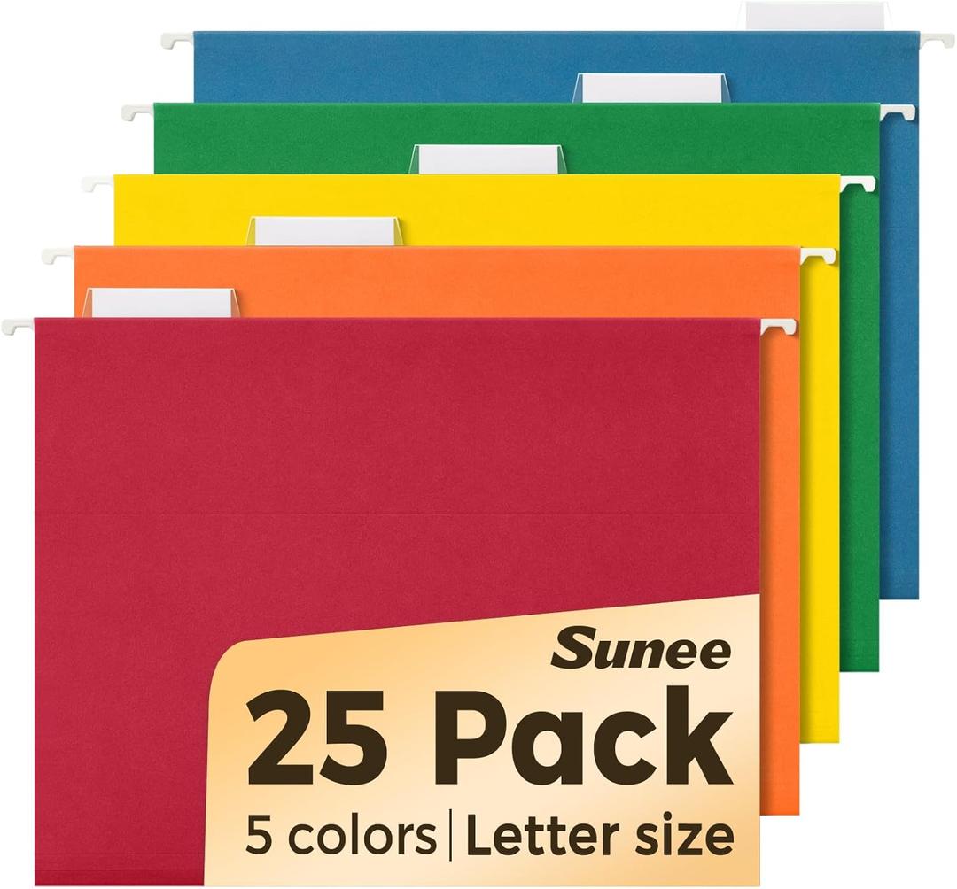 SUNEE Hanging File Folders Assorted Colors, 25 Pack File Folders Letter Size with 1/5-cut Tabs, Stay Organized for Your Home and Office Bulk File and Documents
