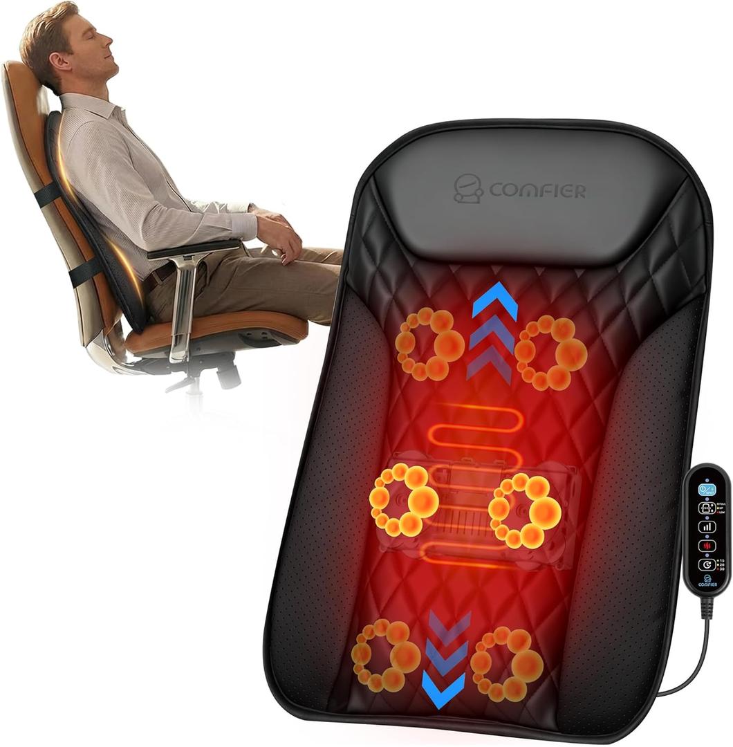 COMFIER Ultra-Slim Heated Back Massager for Chair,Deep Tissue Shiatsu Back Massager with Heat,UpDown Moving 10 Massage Nodes,Upper/Lower/Full Back Relief,Mothers Day Gifts for Mom (Dark Black)