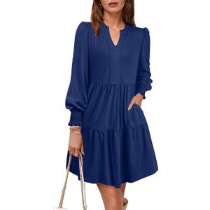 YZEGGO Spring Dresses for Women 2026 Casual V Neck Long Sleeve A Line Midi Dress Ruffle Flowy with Pockets (Medium, Navy Blue)