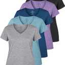 Real Essentials 5 Pack: Women's Dry-Fit Short Sleeve V Neck T Shirt Workout Fitness Yoga Top Tee, Set 1, M