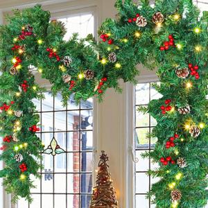 GUOOU 9 Foot Christmas Lighted Garland, Battery Operated Christmas Garland with Lights, Pre Lit Garland Wreath for Indoor Home Winter Holiday New Year Xmas Decorations (24 Pine Cones)