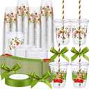 60 Pcs 12 oz Christmas Plastic Cups Bulk with Lids Sleeves and Straws Christmas Snowman Santa Claus Elf Hats Clear Plastic Cups Xmas Holiday Birthday Wedding Party Supplies