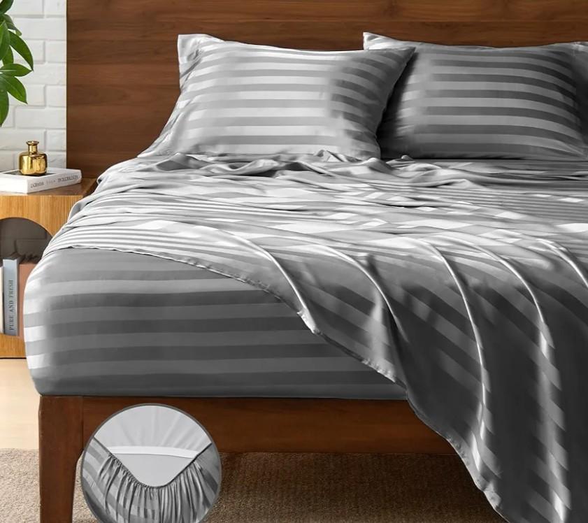 Satin Sheets Queen Size, Luxury Jacquard Striped Dark Grey Bedsheets with Elastic Corner Straps, Similar to Silk Sheets Set 4 PC with 1 Deep Pocket Fitted Sheet, 1 Flat Sheet, & 2 Pillowcases