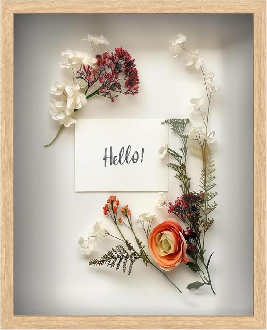 FrameWorks 16" x 20" Original Natural Oak Wooden Shadow Box Frame  Soft Felt Back, Tempered Glass, and Included Elegant White Ball Push Pins