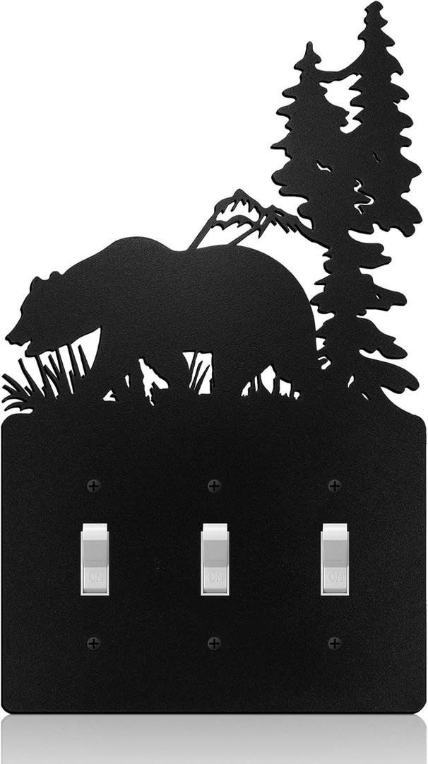 Lothee Metal Bear Switch Covers Moose Tree Mountain Elk Black Light Plate Forest Outlet Cover Toggle Switch Wall Plate Cover for Home Bedroom(Triple Toggle)