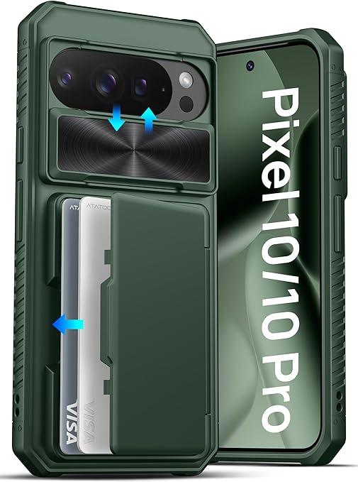 Google Pixel 10/Pixel 10 Pro Case Wallet, Built-in Card Holder (3-5 Cards) & Sliding Camera Cover, Military Grade Protection, Phone Case for Pixel 10/10 Pro 6.3" 2025, Green