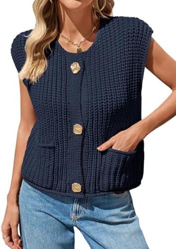 Saodimallsu Womens Sleeveless Cropped Sweater Vest Crochet Chunky Knit Button Down Cardigan Vests Tops with Pockets, M