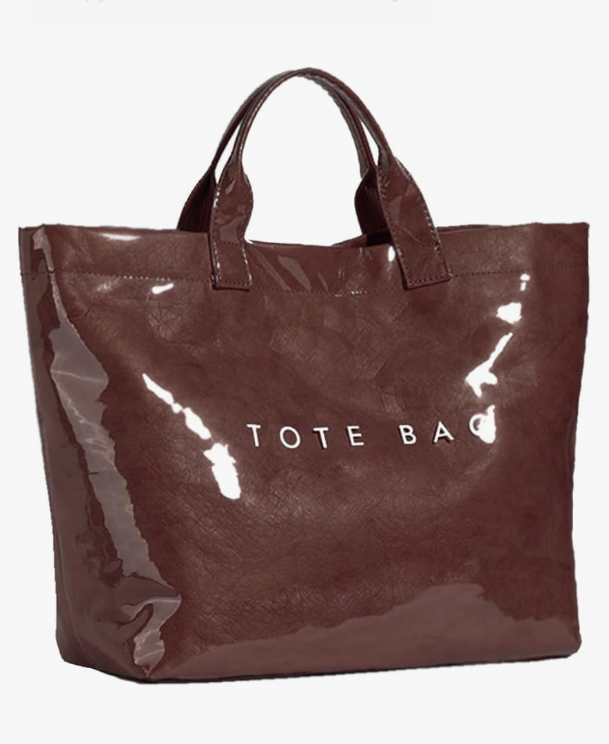 Women's Large PVC Tote Bag Letters Print Handbags Paper Shoulder Bag Clear Shopping Hobo Bag, Coffee