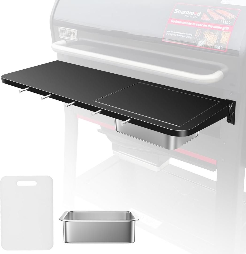 Uniflasy Folding Front Grill Table for Weber Searwood XL 600 Pellet Grill | 35 x 12.5 in heavy-duty steel prep shelf with stainless basin, cutting board, lid and 5 hooks; folds down for storage.