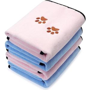 Tegeme 4 Pack Dog Towels for Drying Microfiber Soft Absorbent Pet Bath Towel Dog Drying Grooming Cloth with Embroidered Paw for Pet Cat Bathing Grooming(35 x 20 Inch,Blue, Pink)