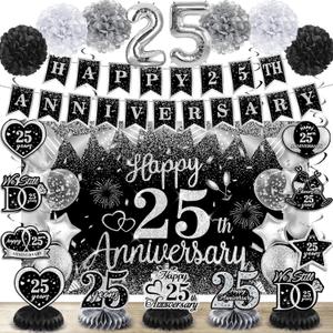 25th Wedding Anniversary Decorations Black Silver Happy 25th Anniversary Banner Backdrop Honeycomb Centerpiece Hanging Swirls Pom Poms for 25 Years Silver Wedding Party Decorations Supplies