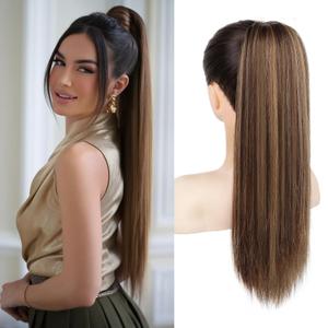 SEIKEA Ponytail Extensions Drawstring Long Straight Fake Pony Tail Natural Soft Clip in Hair Extension Synthetic Heat Resistant Hairpiece 20 Inch Chocolate Brown with Blonde Highlights